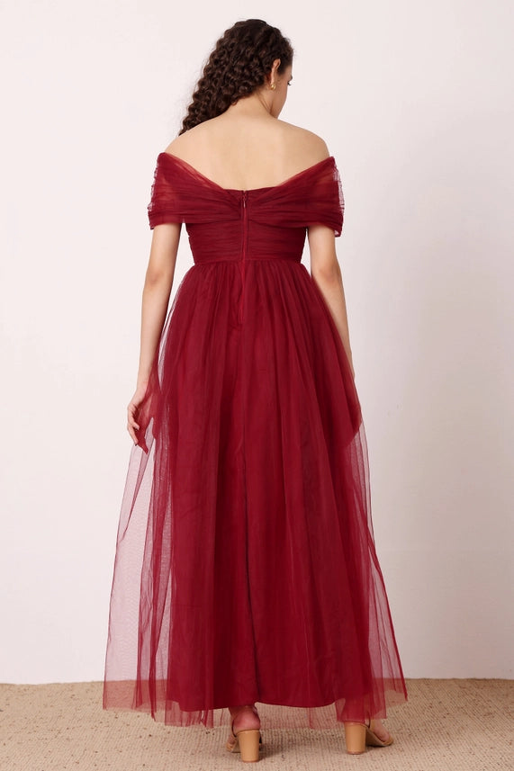 Gillian Off-Shoulder Tulle Maxi Dress – Wine