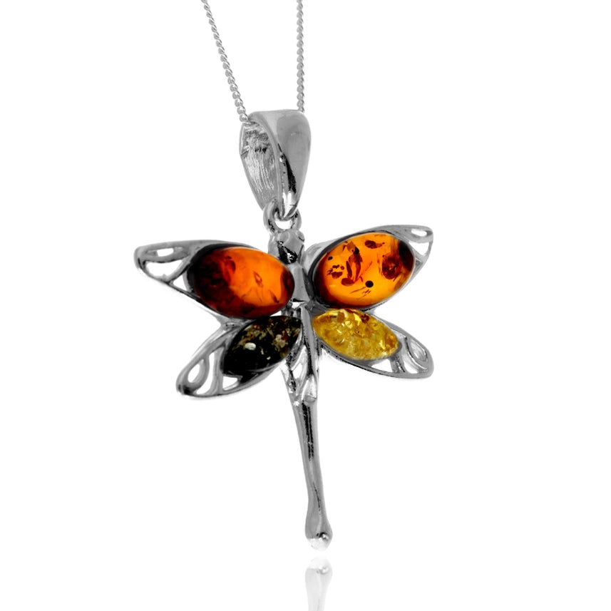 Cognac Baltic Amber & Sterling Silver Dragonfly Pendant