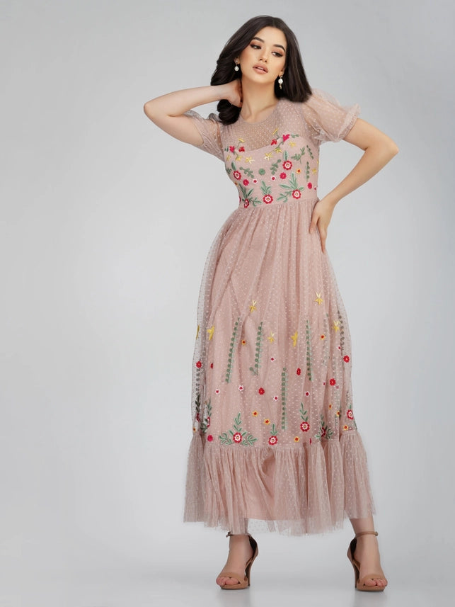 Azalea Floral Embroidered Midaxi Dress – Dusty Pink