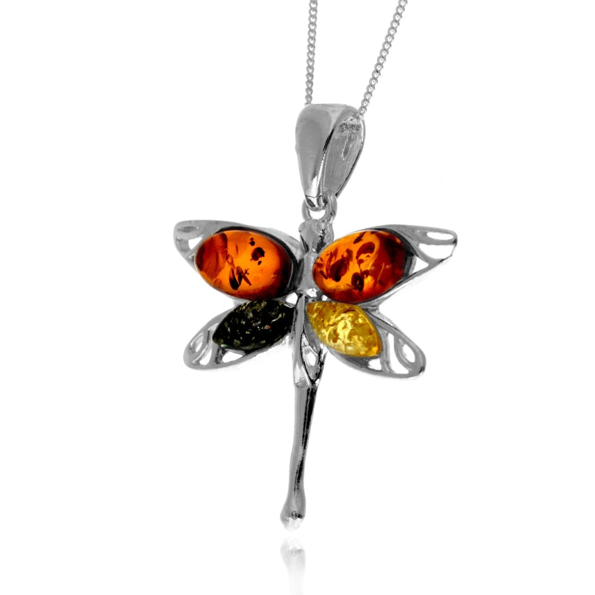 Cognac Baltic Amber & Sterling Silver Dragonfly Pendant
