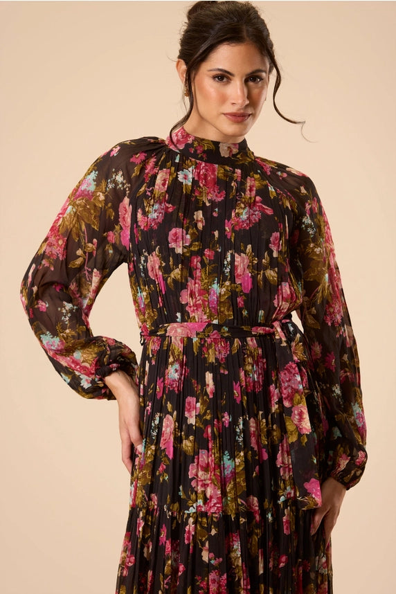Violetta Floral Chiffon Maxi Dress – Black Multi