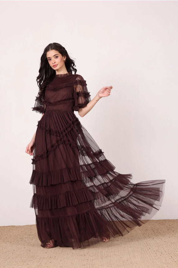 Florine Ruffle Tulle Maxi Dress – Chocolate Plum