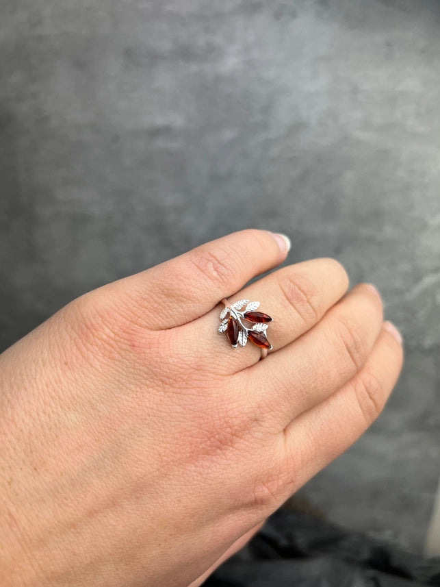 Cognac Baltic Amber & Sterling Silver Three-Stone Ring
