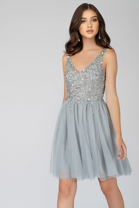 Symphony Sequin Tulle Mini Dress – Silver Grey