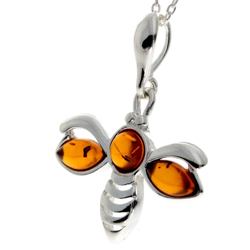 Cognac Baltic Amber & Sterling Silver Bee Pendant