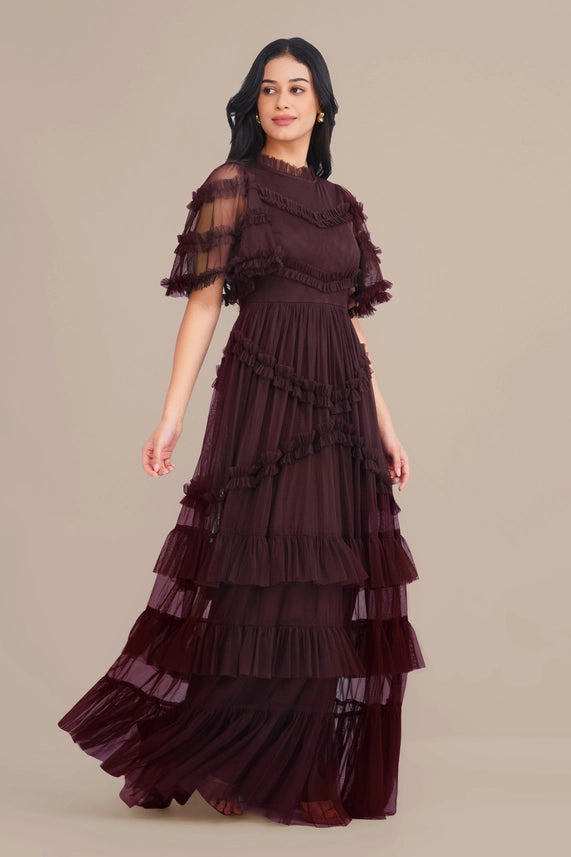 Florine Ruffle Tulle Maxi Dress – Chocolate Plum