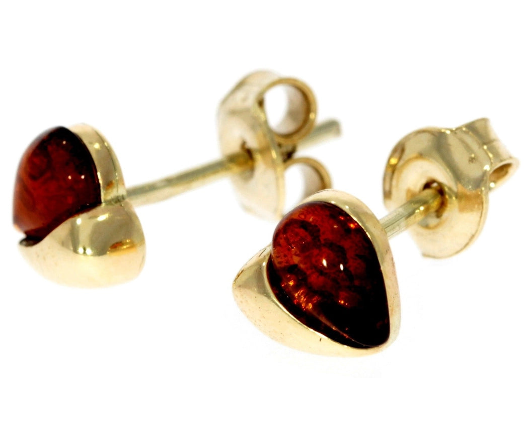 Cognac Baltic Amber & 9ct Gold Heart Stud Earrings