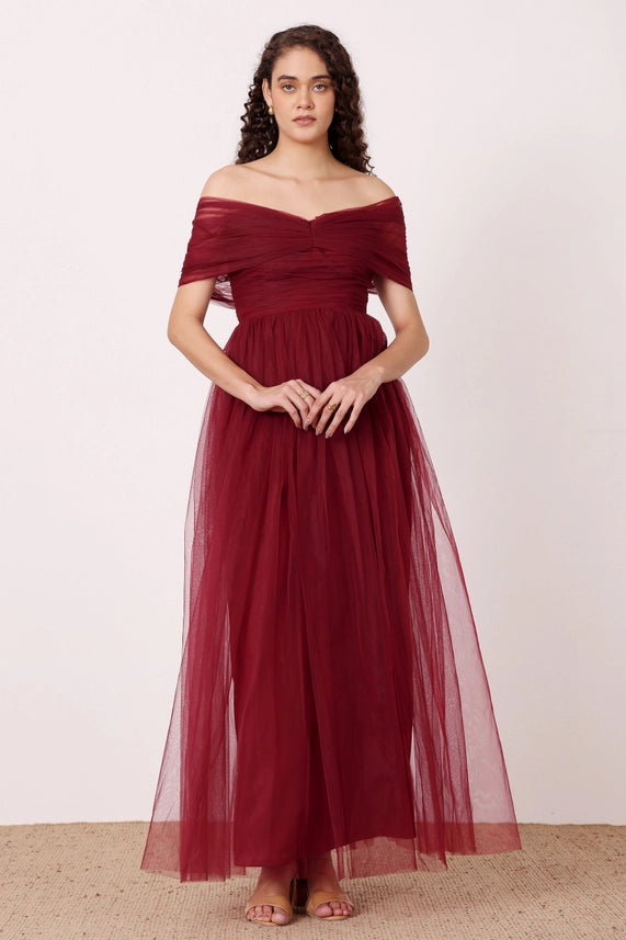 Gillian Off-Shoulder Tulle Maxi Dress – Wine
