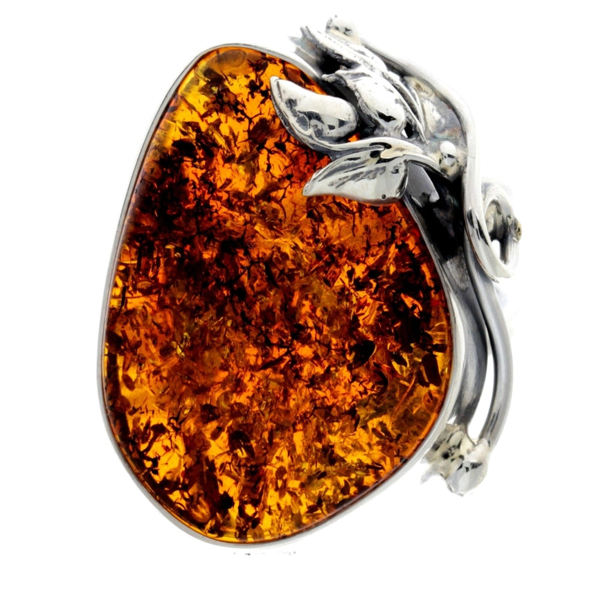 Cognac Baltic Amber & Sterling Silver Botanical Statement Ring
