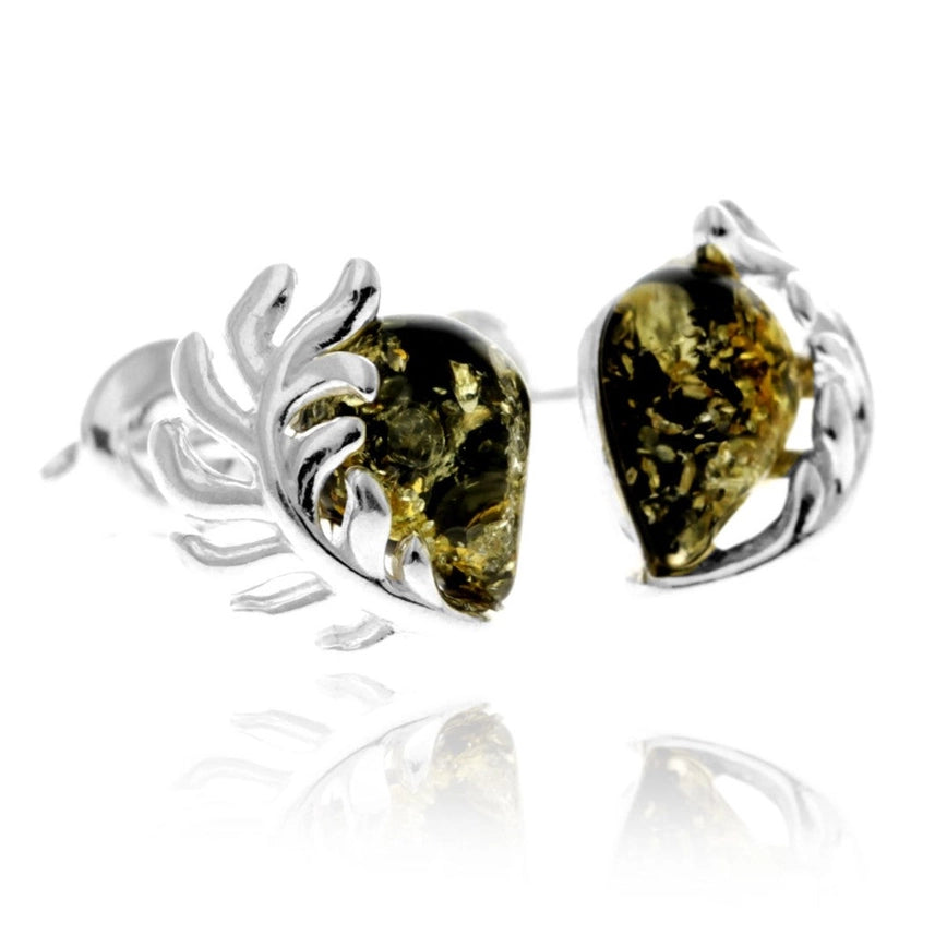 Green Baltic Amber & Sterling Silver Teardrop Leaf Stud Earrings
