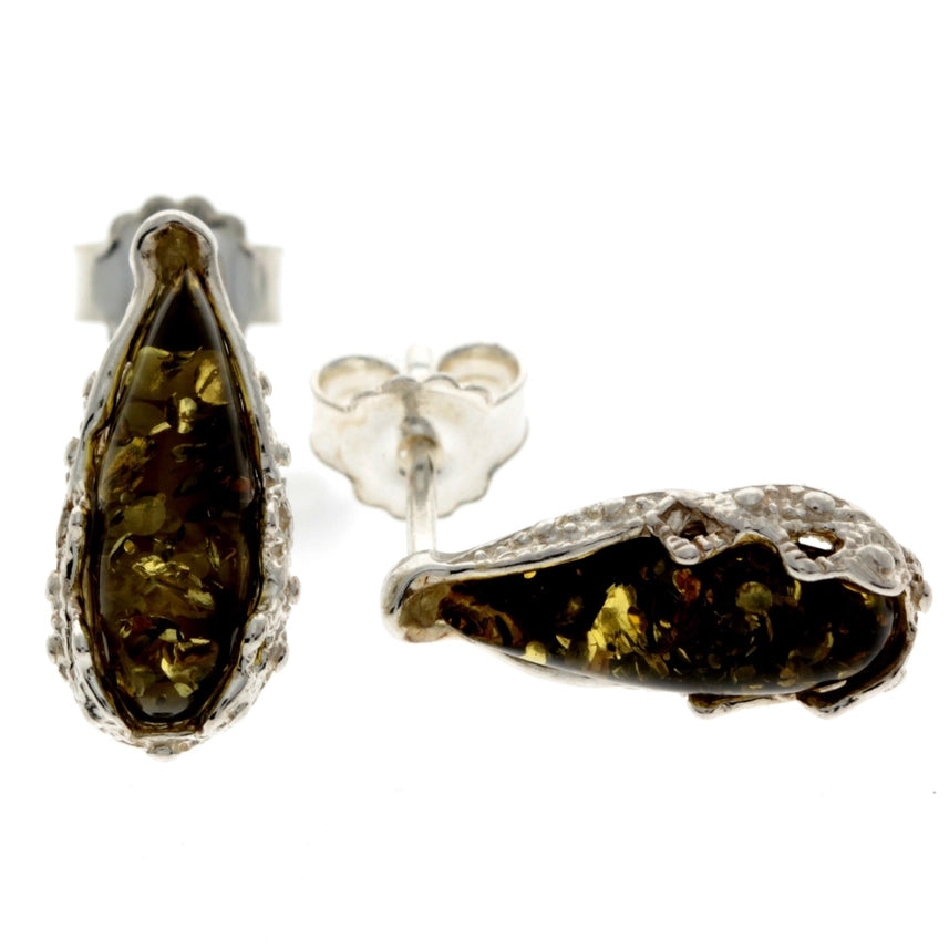 Green Baltic Amber & Sterling Silver Teardrop Stud Earrings