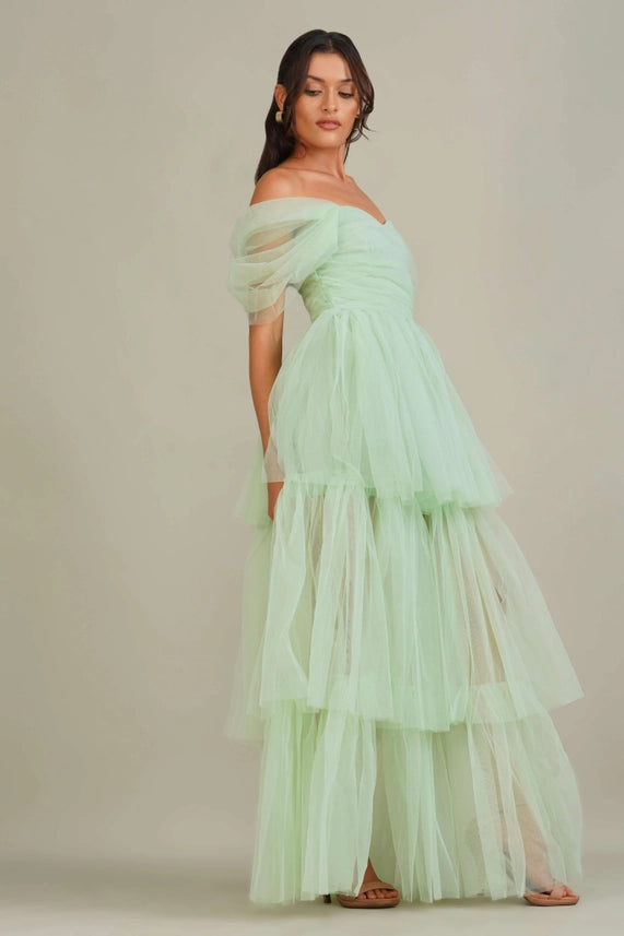 Sydney Off-Shoulder Tulle Maxi Dress – Sage Green
