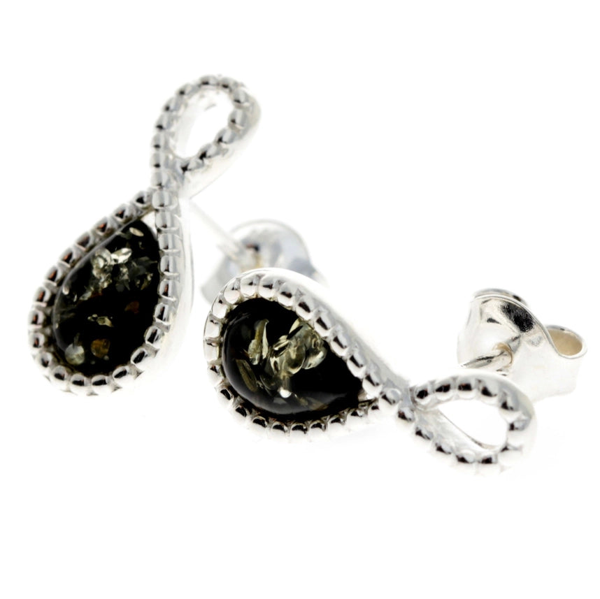 Green Baltic Amber & Sterling Silver Infinity Stud Earrings