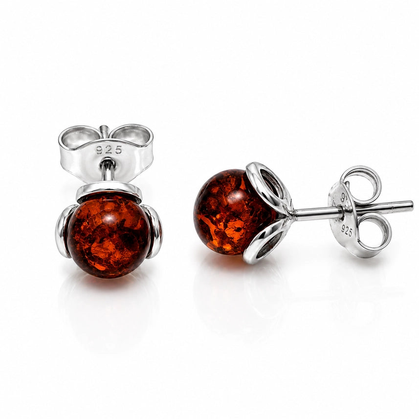 Cognac Baltic Amber & Sterling Silver Ball Stud Earrings