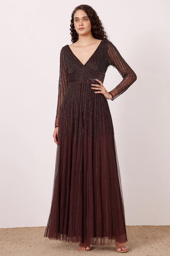 Laura Embellished Maxi Dress – Coffee Brown