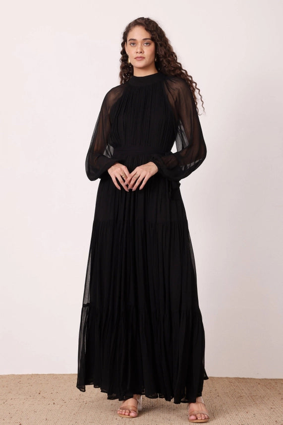 Violetta Pleated Chiffon Maxi Dress – Black