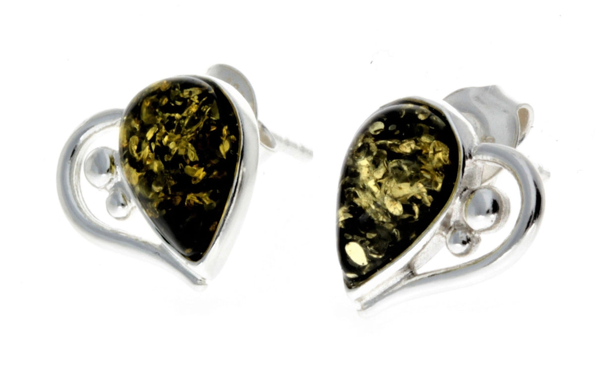 Green Baltic Amber & Sterling Silver Heart Stud Earrings