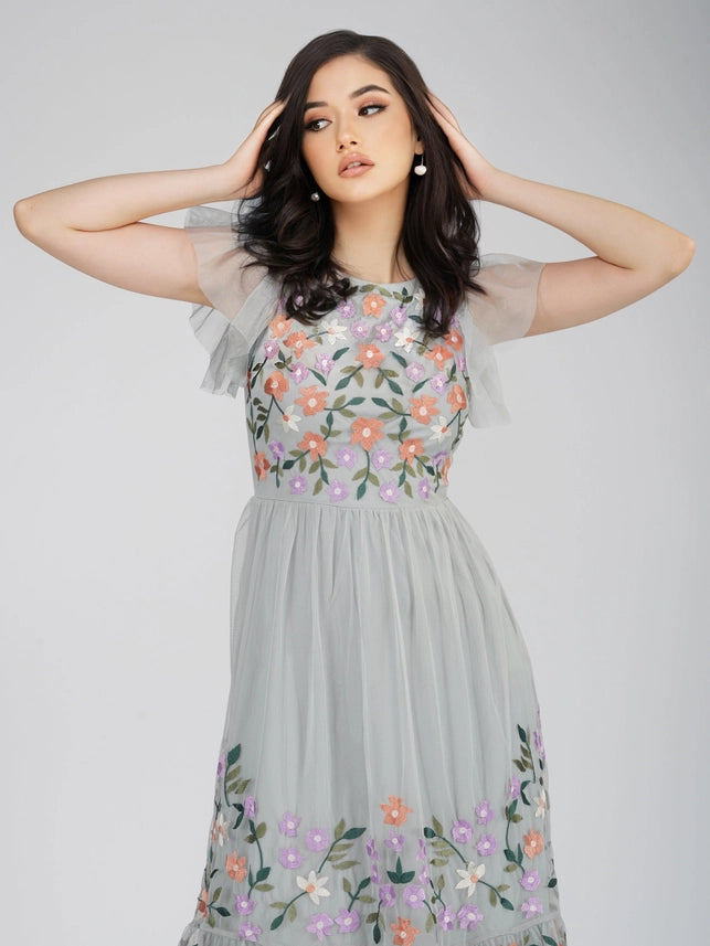Iris Floral Embroidered Midaxi Dress – Dusty Blue