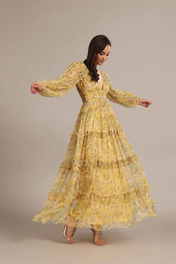 Lydia Floral Maxi Dress – Soft Yellow