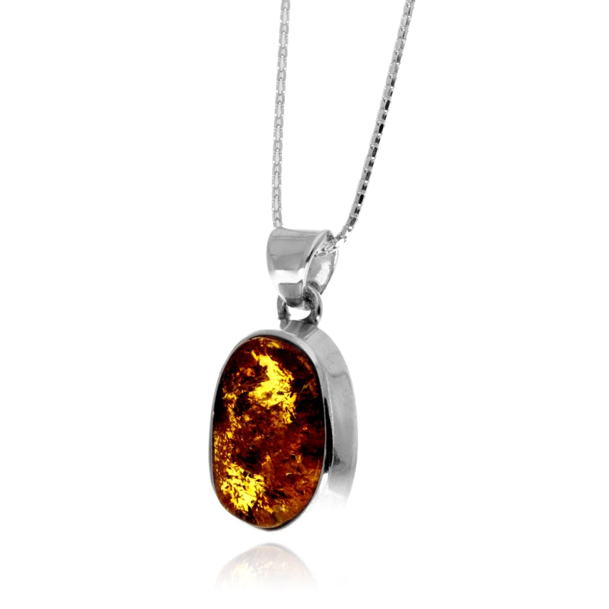 Cognac Baltic Amber & Sterling Silver Oval Pendant