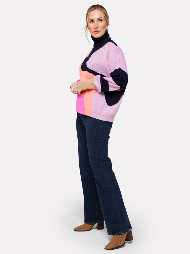 The Abstract Cashmere Roll Neck Jumper – Pink Multi