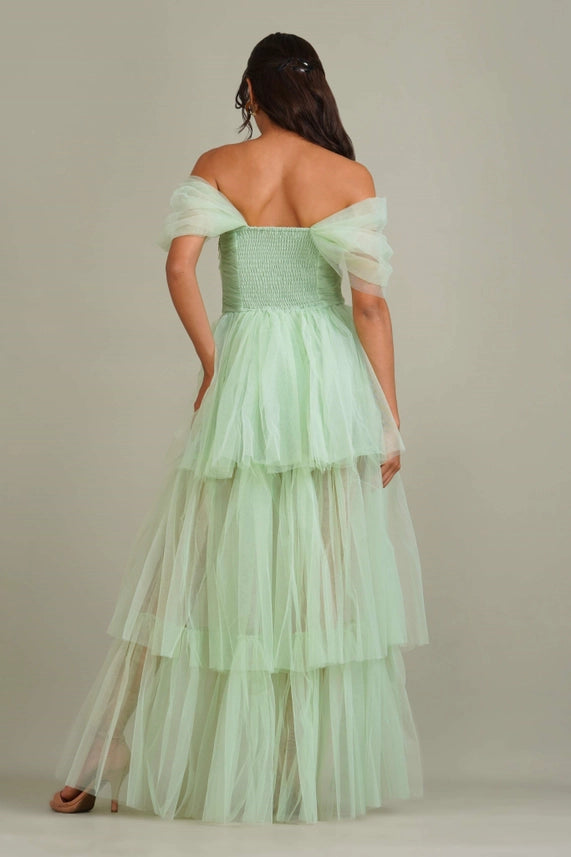 Sydney Off-Shoulder Tulle Maxi Dress – Sage Green