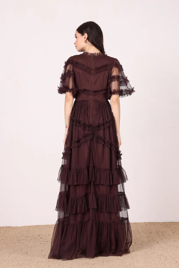 Florine Ruffle Tulle Maxi Dress – Chocolate Plum