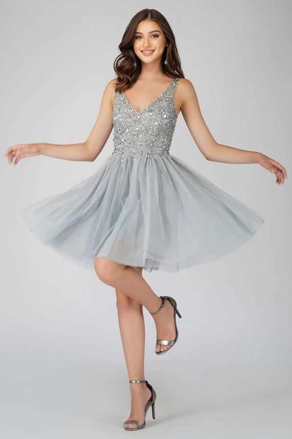 Symphony Sequin Tulle Mini Dress – Silver Grey