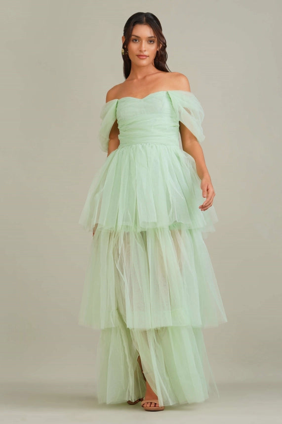 Sydney Off-Shoulder Tulle Maxi Dress – Sage Green
