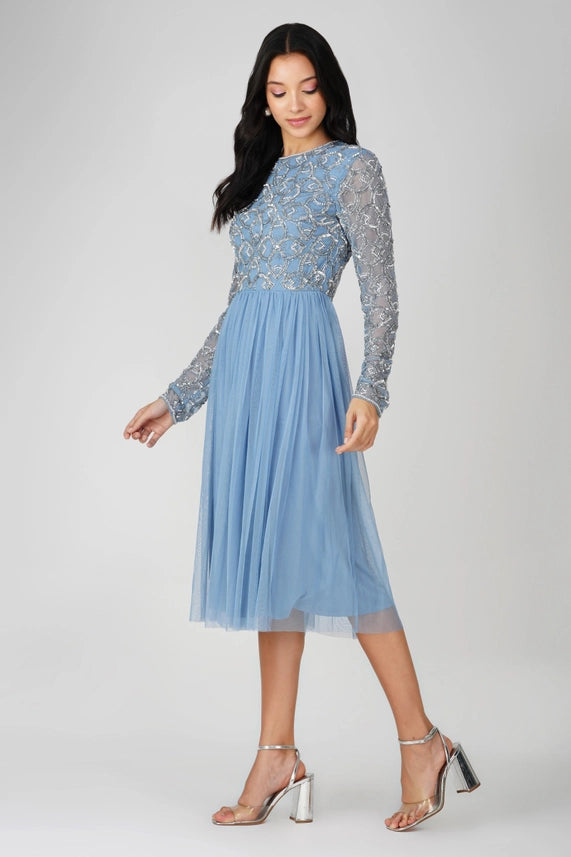 Mandarin Embellished Tulle Midi Dress – Powder Blue