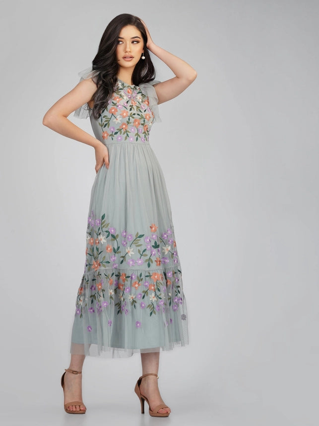 Iris Floral Embroidered Midaxi Dress – Dusty Blue