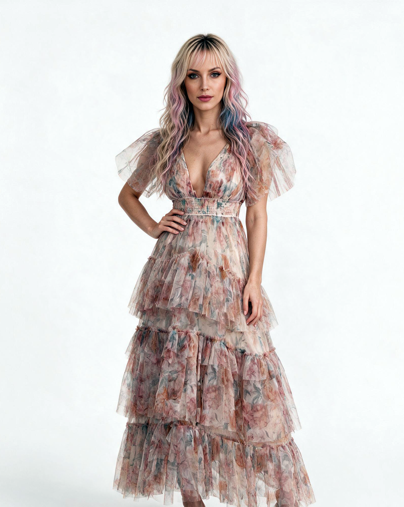 Jasmine Floral Tulle Maxi Dress – Brown Multi