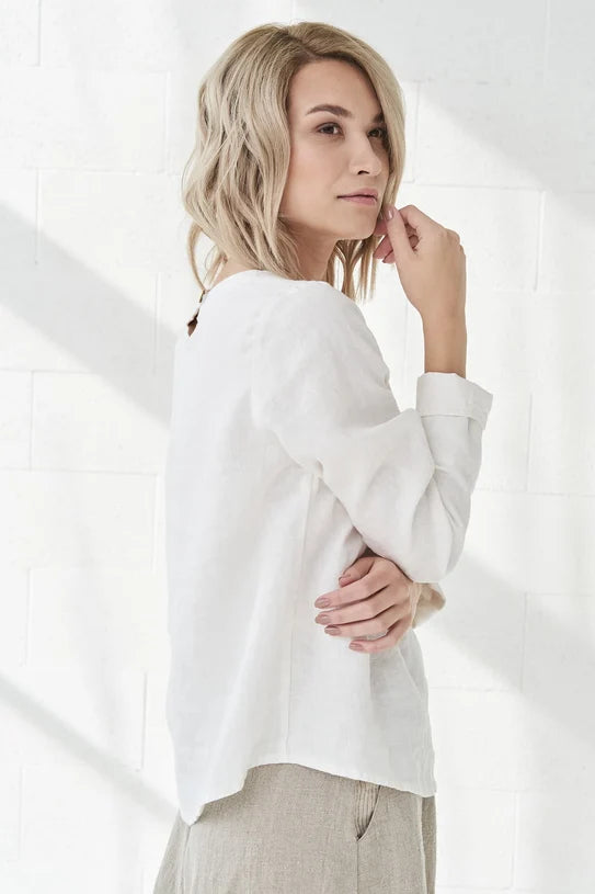 The Karen Long Sleeve Linen Blouse – White