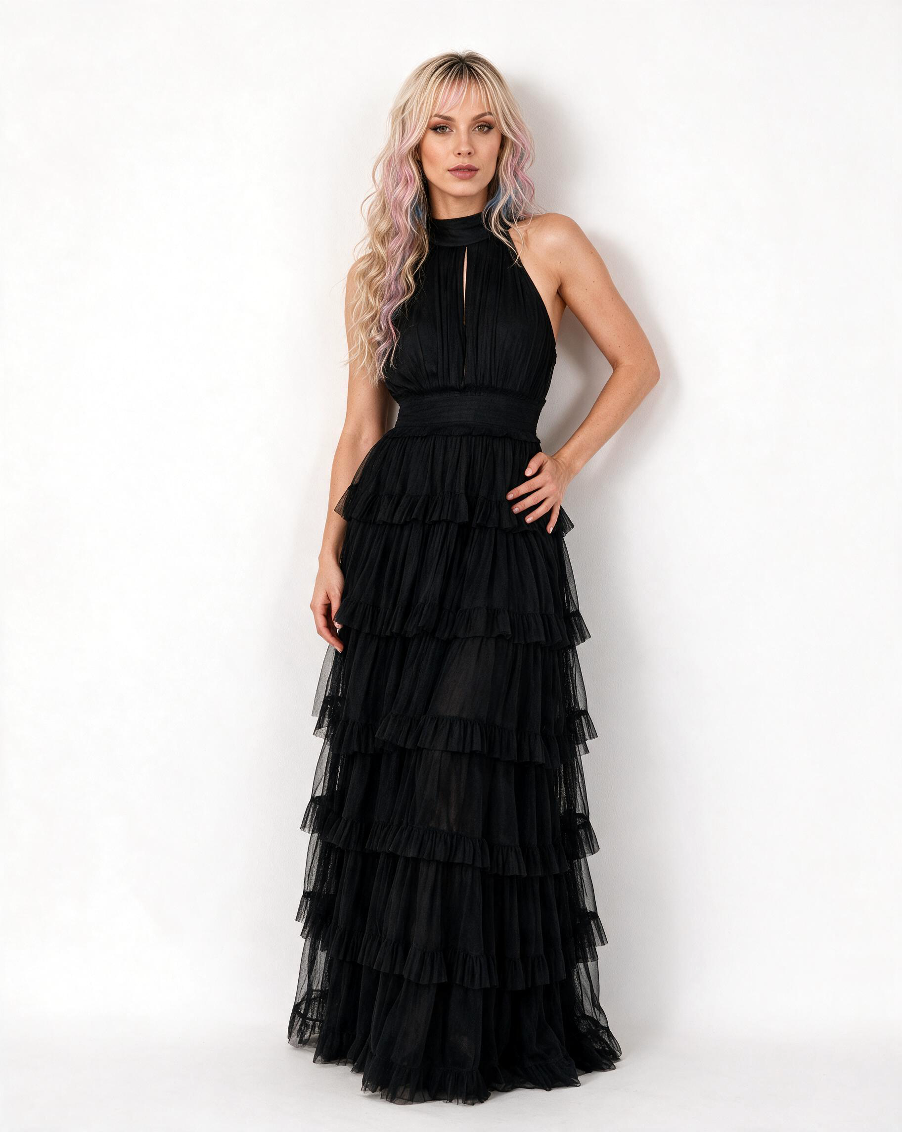 Lucerne High-Neck Tulle Maxi Dress – Black